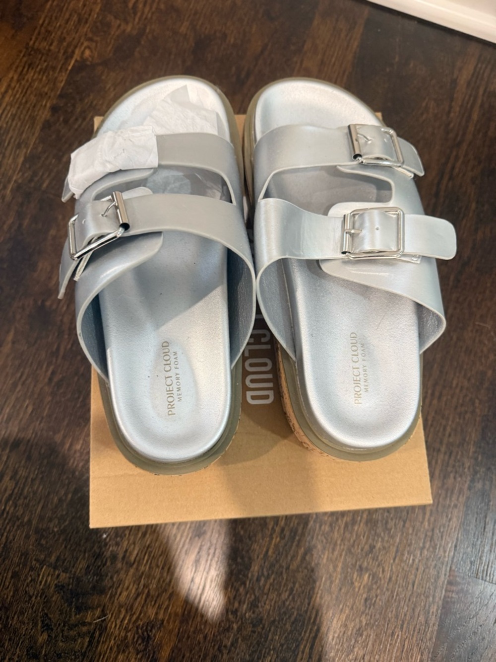 Silver Double-Buckle Slide Sandals for Women